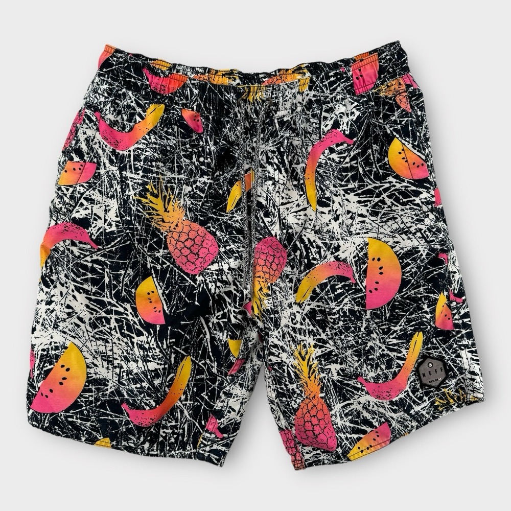 Neff Board Shorts Mens Medium Swim Trunks All Over Print Fruits Tropical‎ Nylon